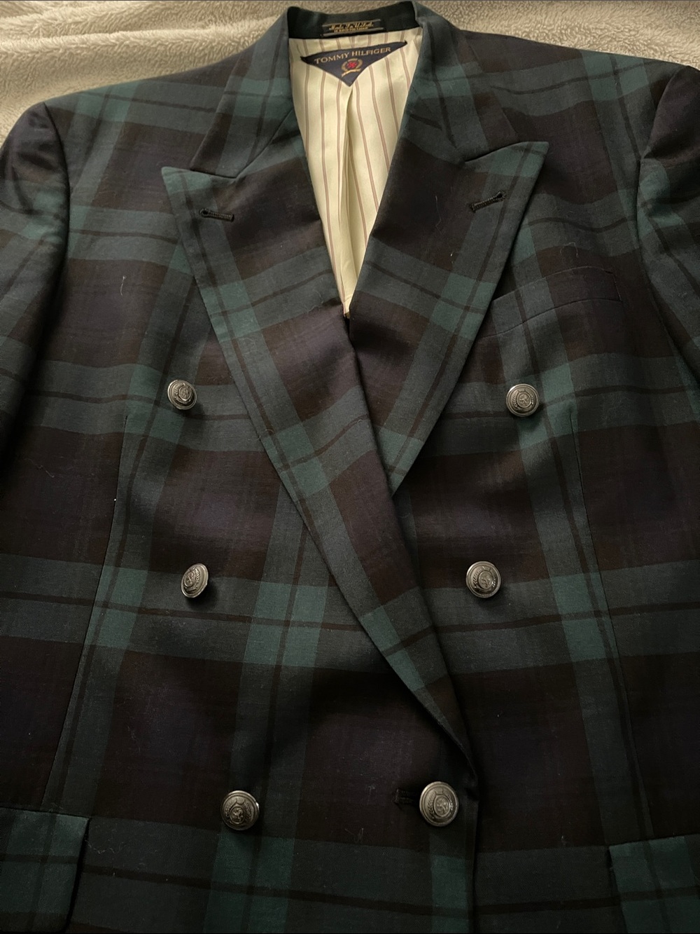Tommy Hilfiger Green Blue Plaid Double Breasted Blazer Men’s 44L - Picture 2 of 7